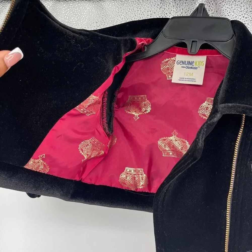 Genuine Kids OshKosh Baby Girl Black Faux Suede Moto Jacket 12M Gold Zip